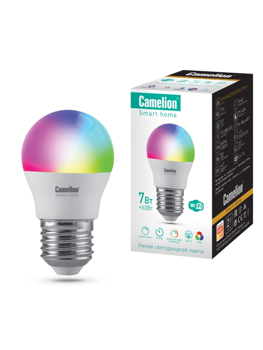 Лампа светодиодная Camelion Smart Home LSH7/G45/RGBСW/Е27/WIFI (7Вт Е27 RGB+DIM+CW 220В WiFi) 14501