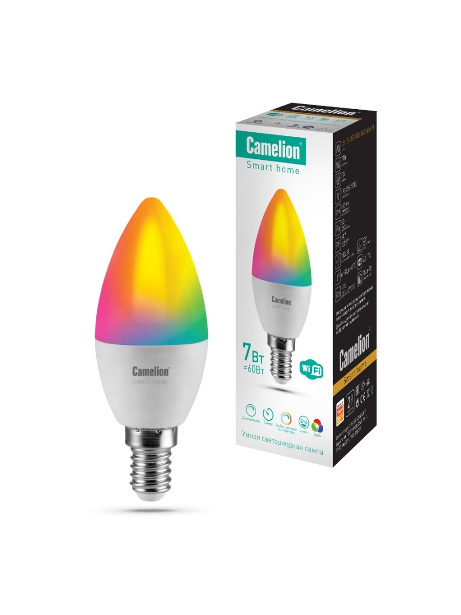 Лампа светодиодная Camelion Smart Home LSH7/C35/RGBСW/Е14/WIFI (7Вт Е14 RGB+DIM+CW 220В WiFi) 14500