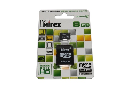 Карта памяти microSDHC с адаптером MIREX  8GB (class 10)
