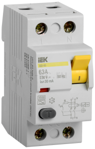 УЗО Выключатель диф. тока 2п 63A 30mA тип AC ВД1-63 ИЭК MDV10-2-063-030