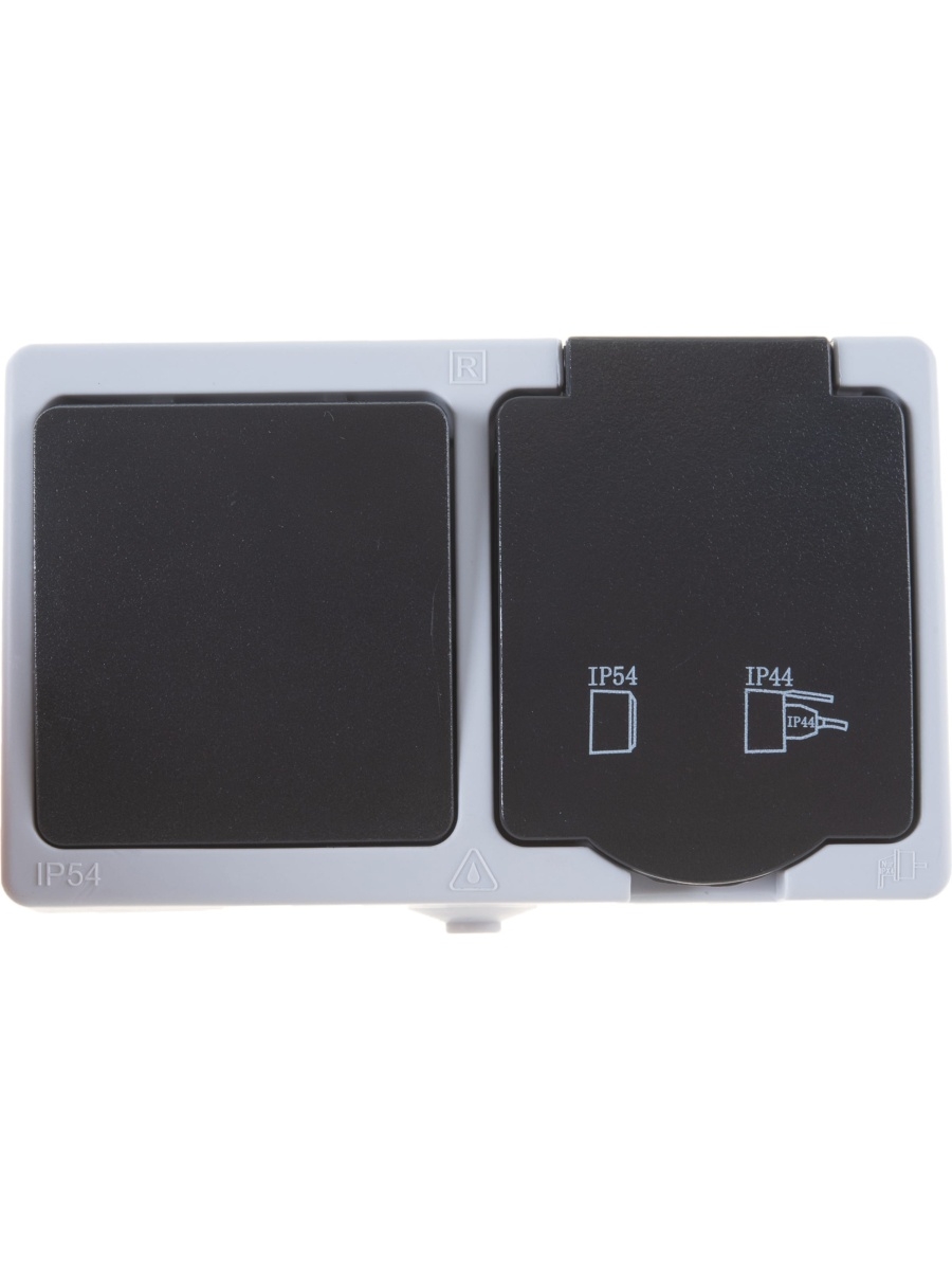 Блок: розетка 1-местная с/з + выключатель 1-клавишный, PST16-11-54/10-111-54, серый/графит 32759