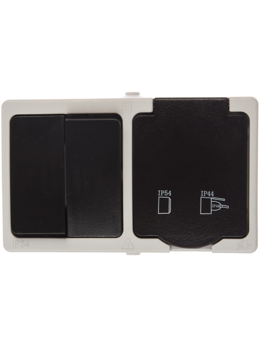Блок: розетка 1-местная с/з + выключатель 2-клавишный, PST16-11-54/10-121-54, серый/графит 32761